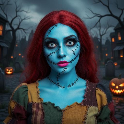 Sally’s Stitch: Surreal Doll Halloween AI effects generated image