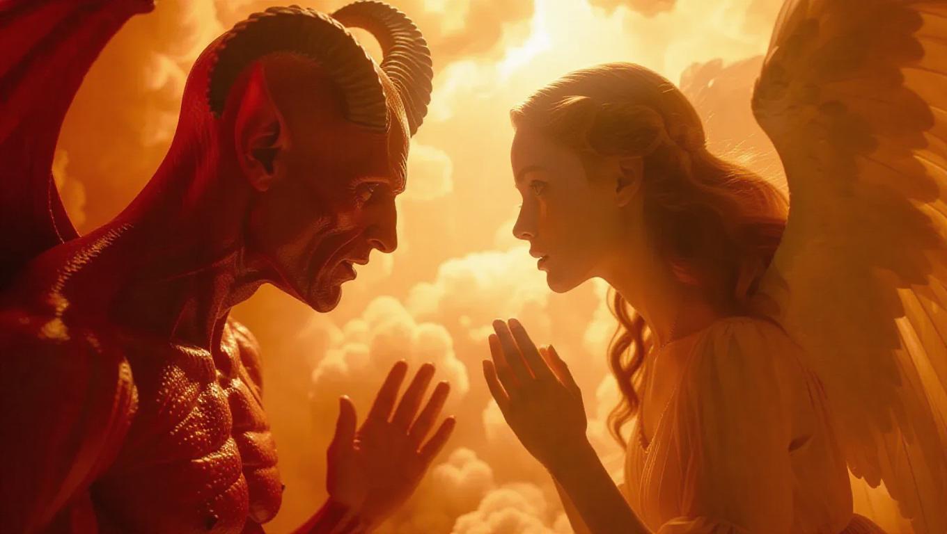 Cryptic Angel A diabolical devil and a serene angel engage in a cryptic conversation ...
