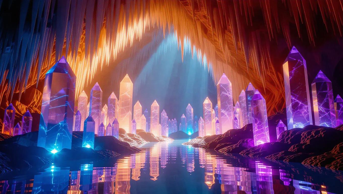 A luminous crystal cave bathed in ethereal, shimmering light, with ...