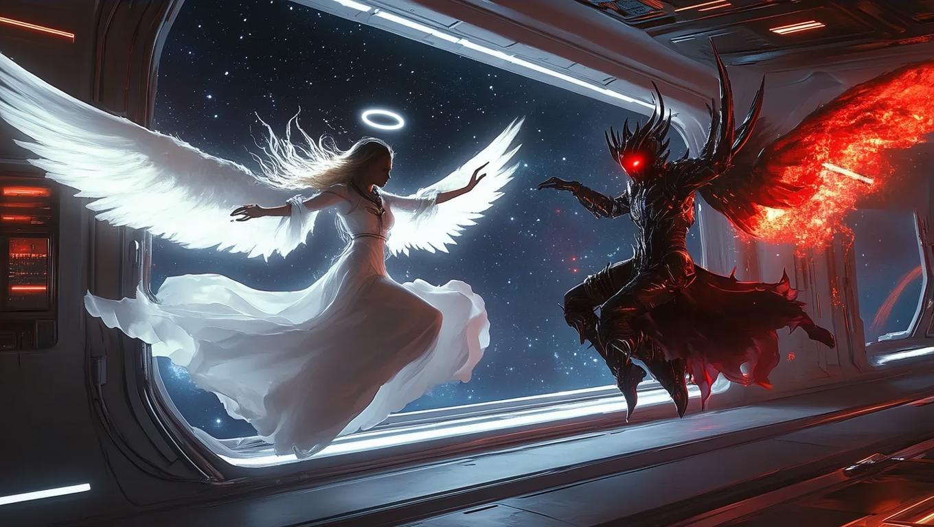 AI-Generated Angels & Devils Dancing on Spaceship with Lights in Outer ...