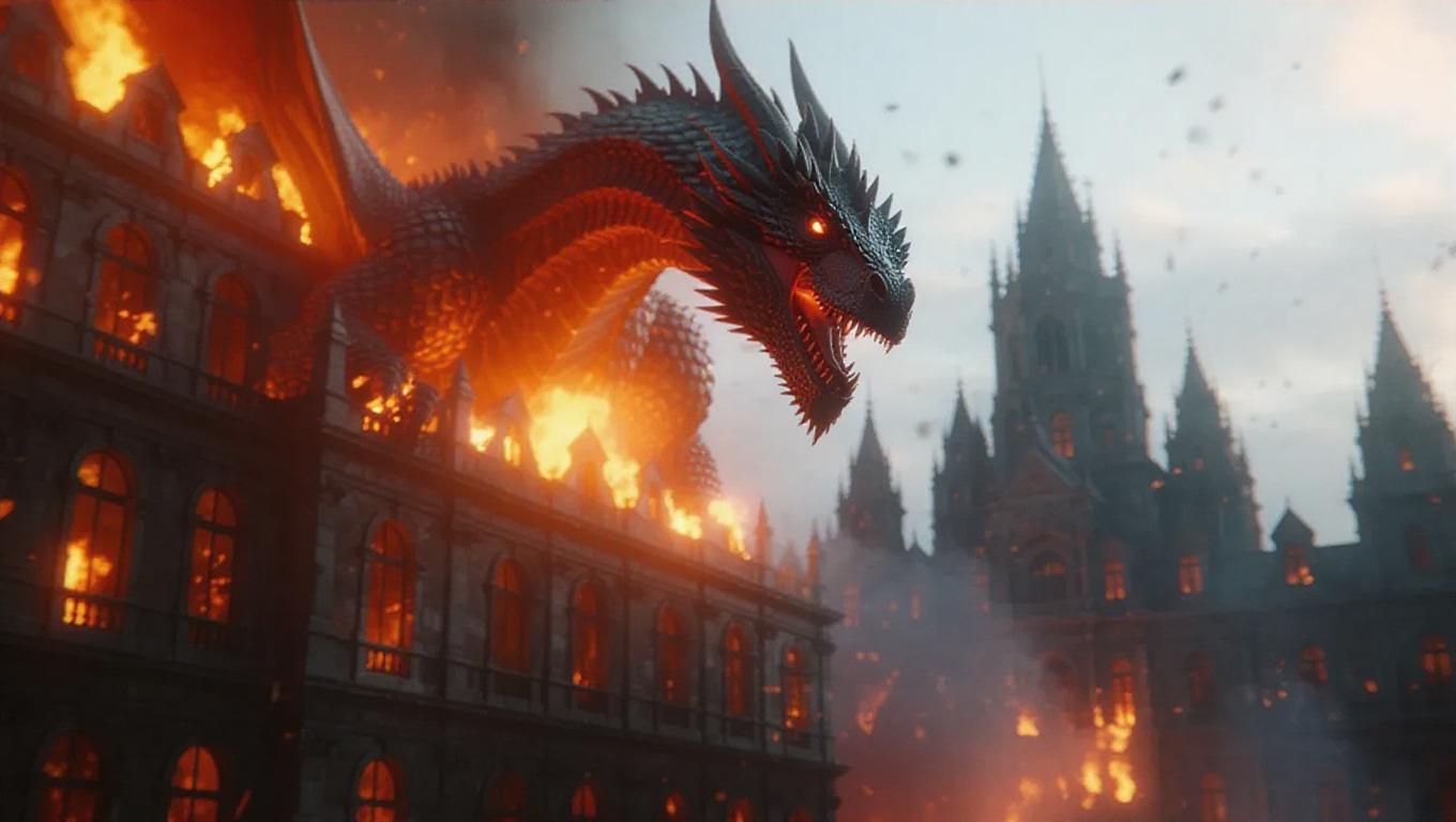 A cinematic slow-motion shot of a dragon emerging from a burning city ...