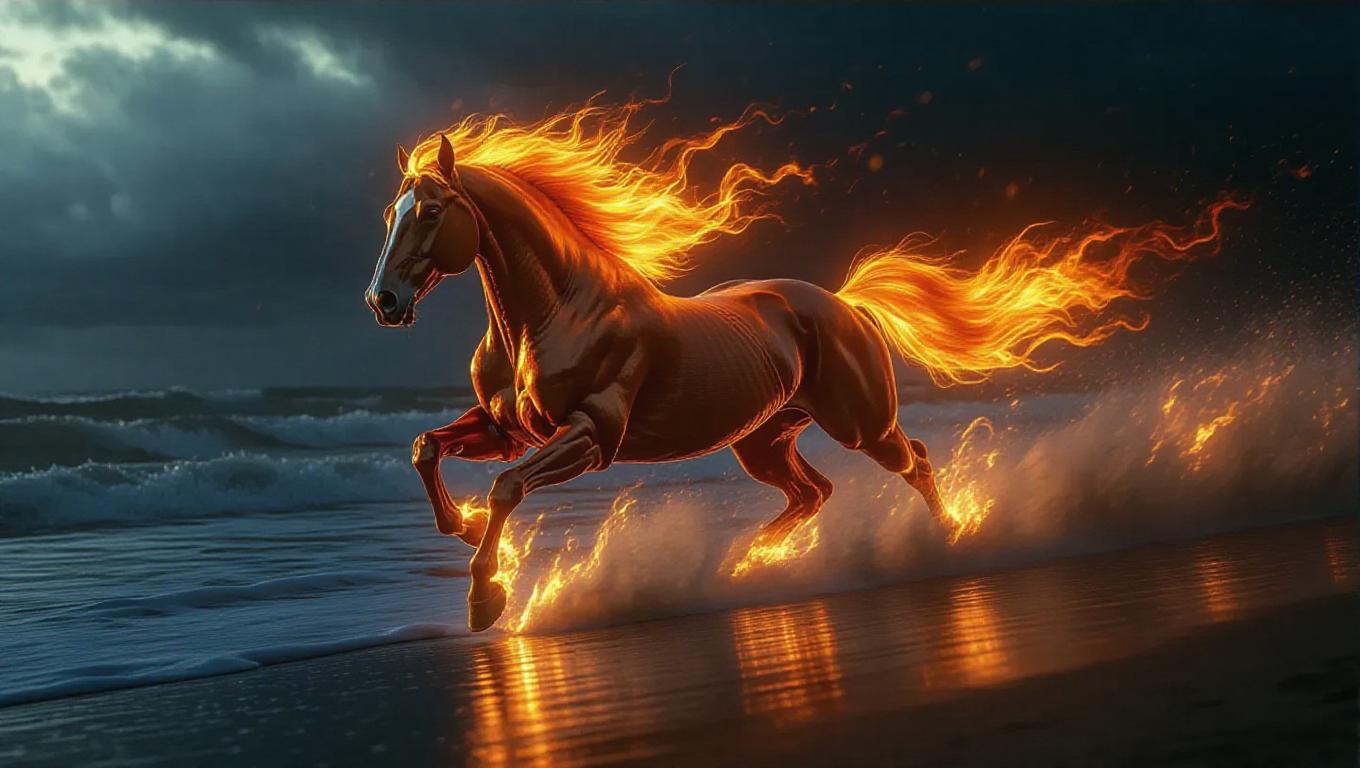 A magical fire horse racing along a windswept beach, its mane and tail ...