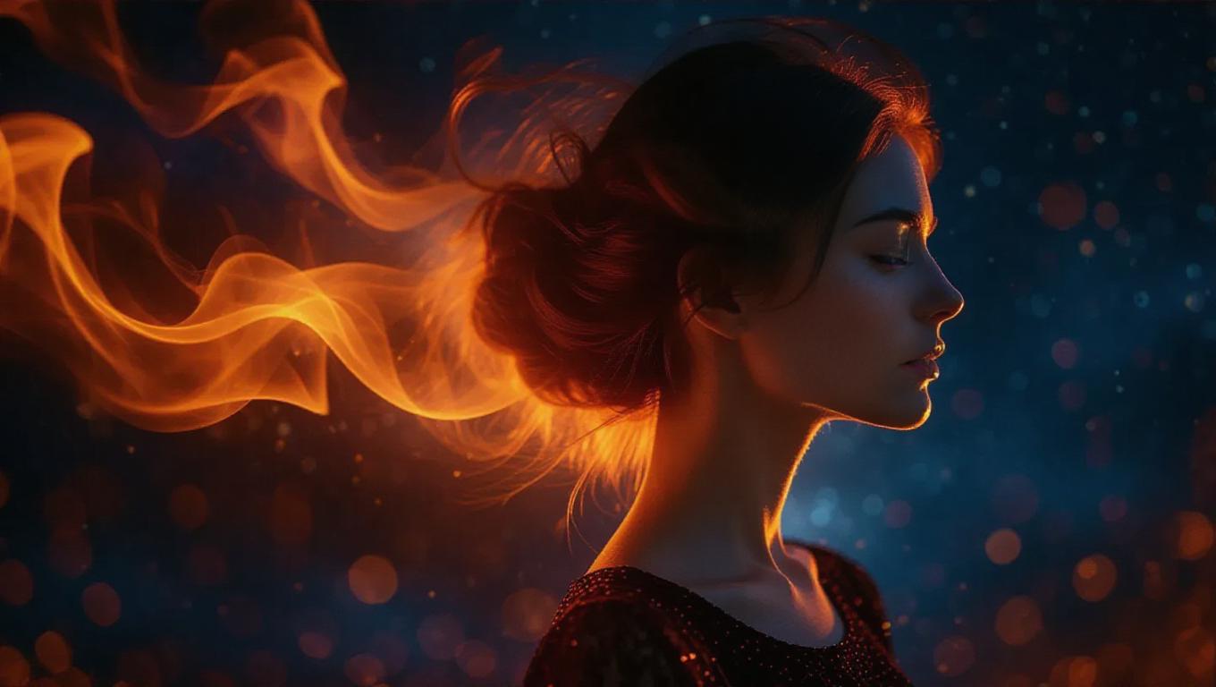 A surreal portrait of a woman with her hair transforming into vibrant ...
