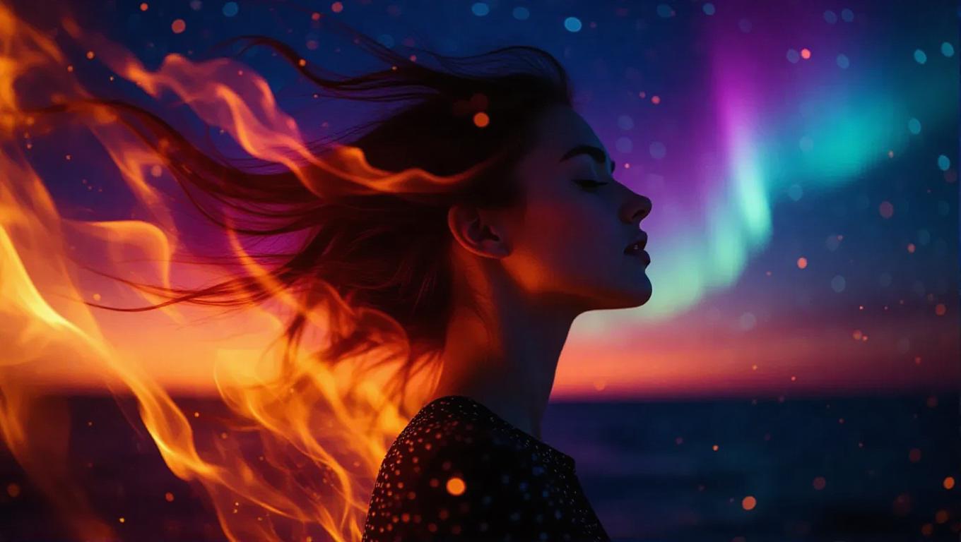 A surreal portrait of a woman with her hair transforming into vibrant ...