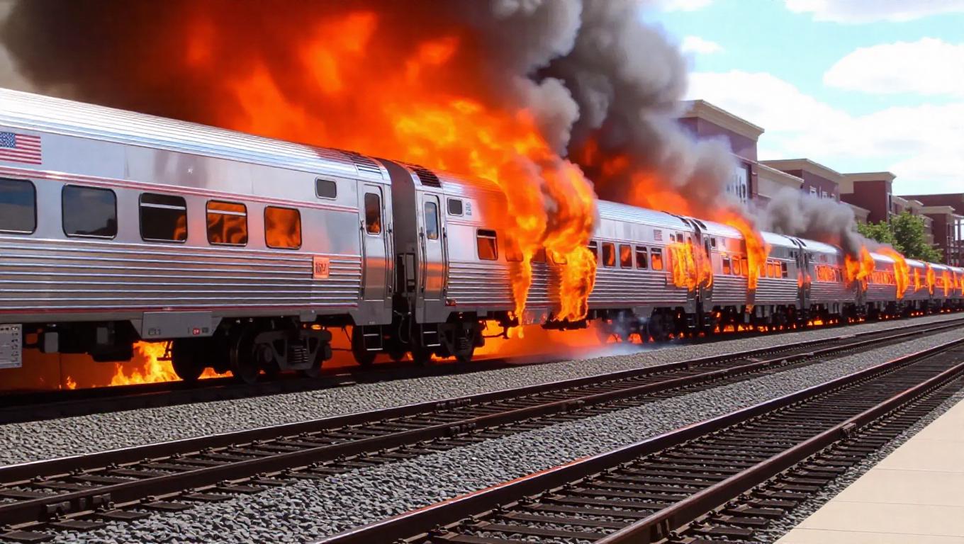 A train derailment has turned a once-bustling railway into a fiery ...