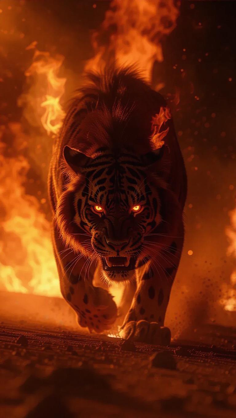 Preditor Fire Animal A fire beast prowls through a vast desert, its body covered in flames ...