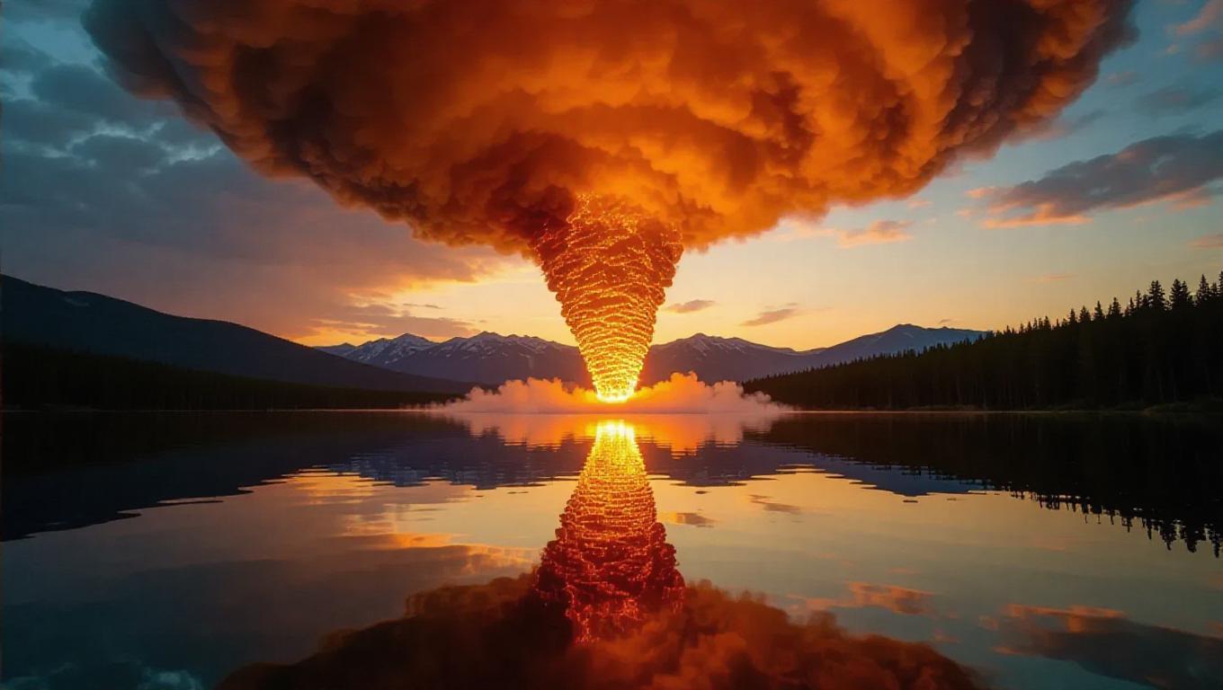 A gigantic fire tornado thrusting over a serene lake, drifting embers ...