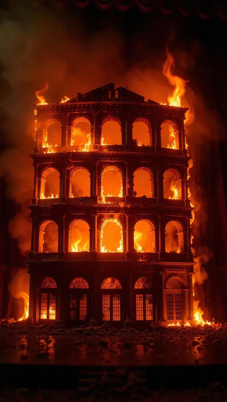 Theatre Exploding a theater engulfed in flames, firelight reflecting on its decor as it ...
