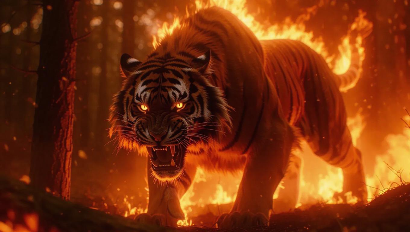 A fire beast lurks in a blazing forest, its body covered in flames, the ...