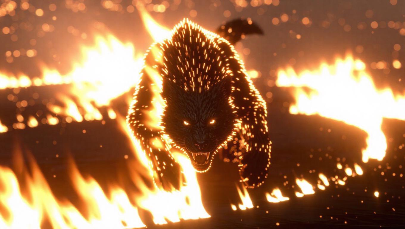 A fire beast prowls through a post-apocalyptic landscape, its body ...