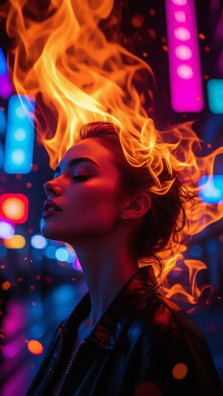 A surreal portrait of a woman with her hair transforming into vibrant ...