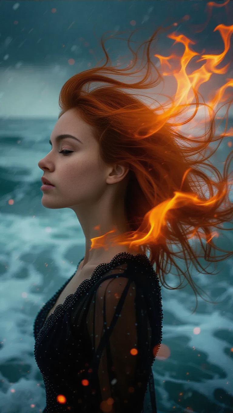 A surreal portrait of a woman with her hair transforming into vibrant ...