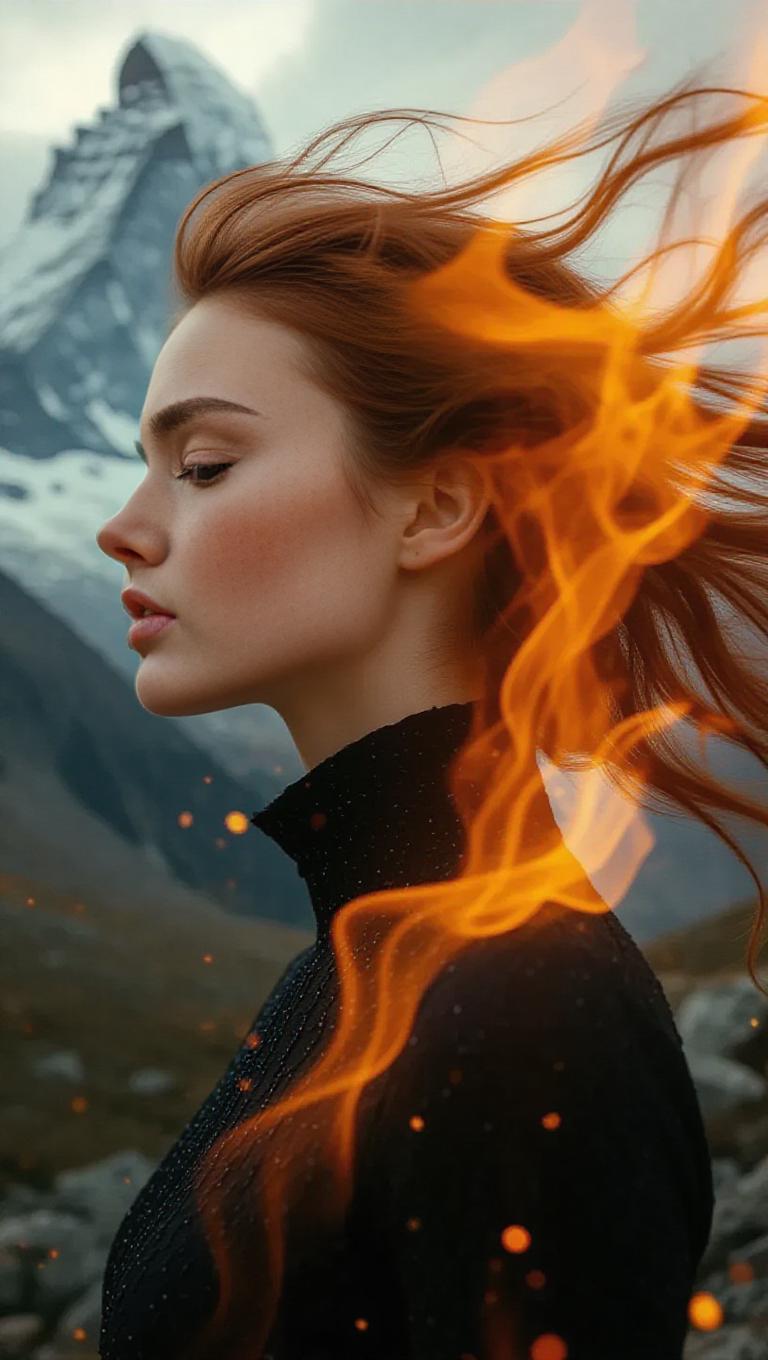 A surreal portrait of a woman with her hair transforming into vibrant ...