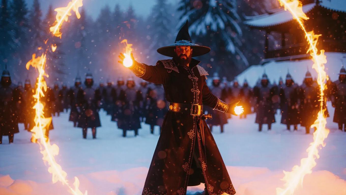 A fire mage stands on a snowy battlefield, surrounded by a ring of fire ...
