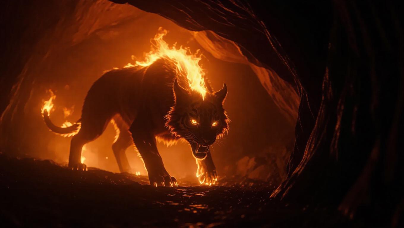 A fire beast prowls through a dark cave, its body covered in flames ...