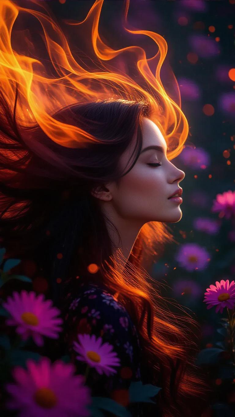 A surreal portrait of a woman with her hair transforming into vibrant ...