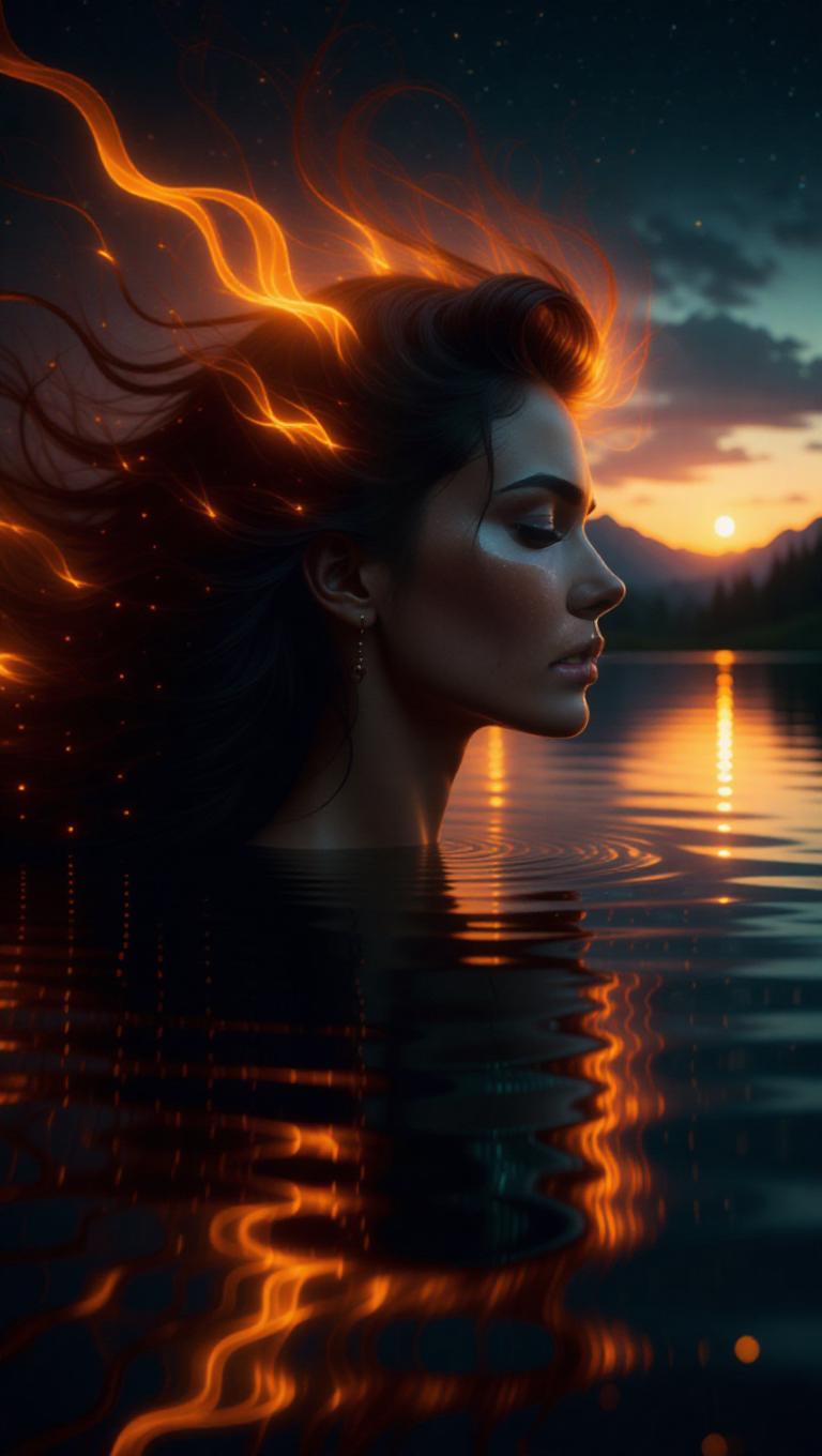 A surreal portrait of a woman with her hair transforming into vibrant ...