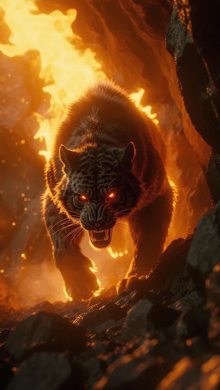 A fire beast prowls through a rocky cliff, its body covered in flames ...