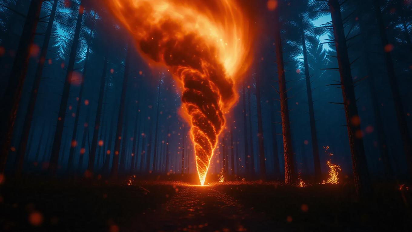 A gigantic fire tornado barreling through a haunted forest, swirling ...