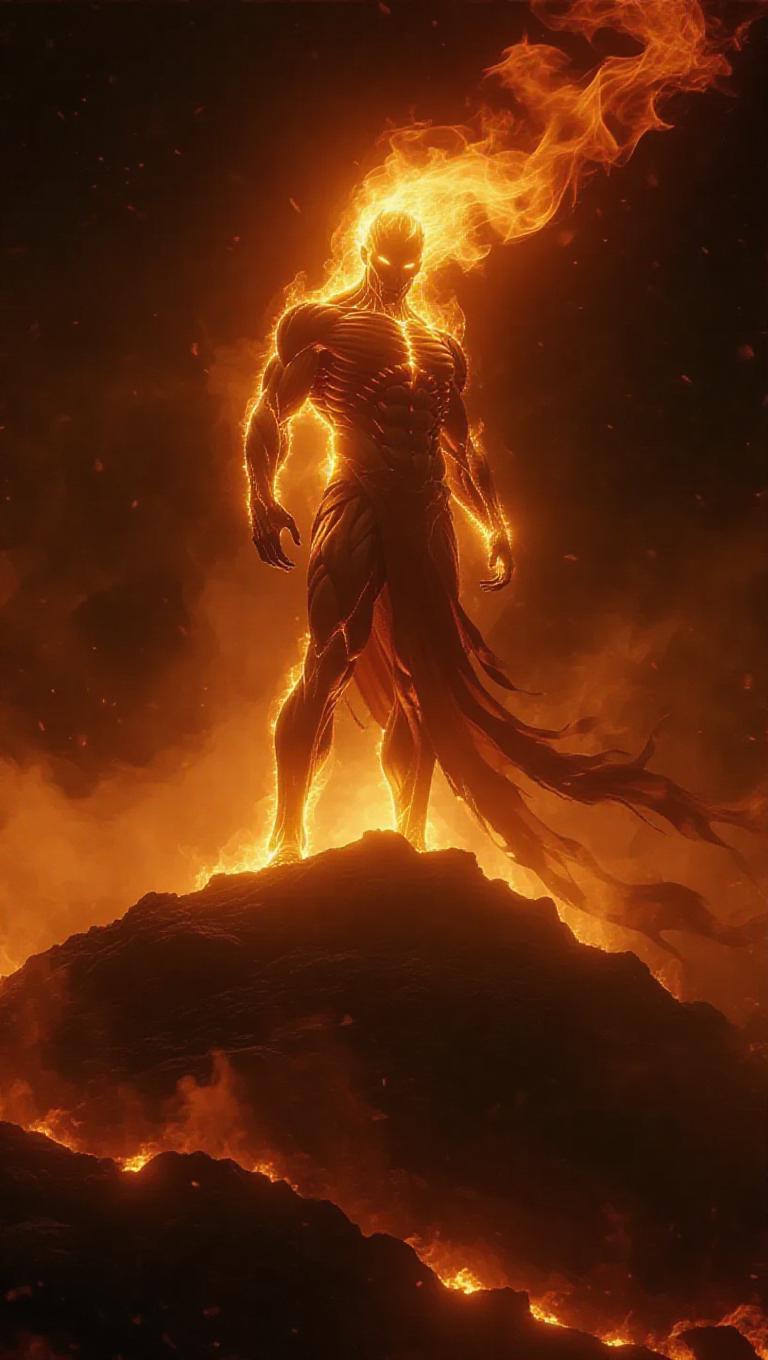 A mythical fire deity, his form entirely made of blazing flames ...