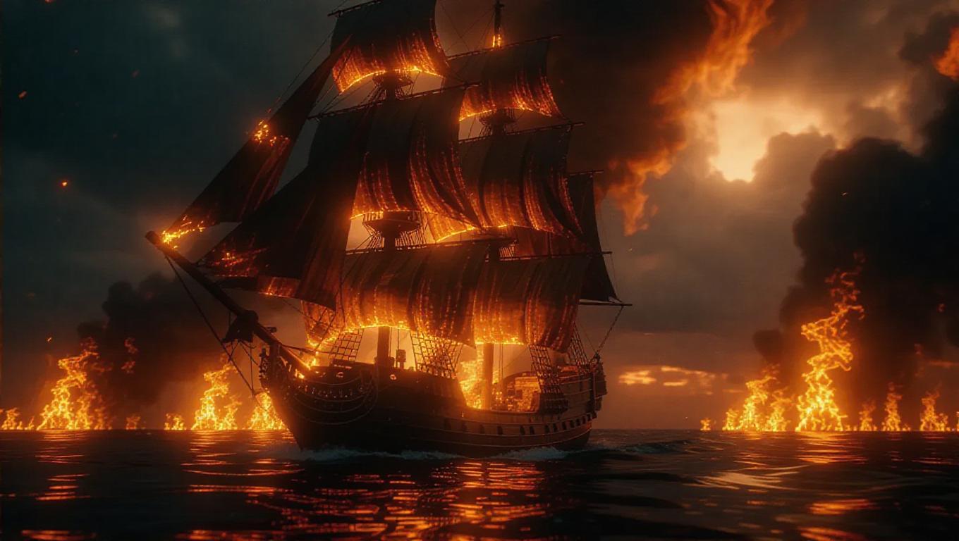 Rusty Pirate A rusty pirate schooner traversing flames across the sea, its tattered ...