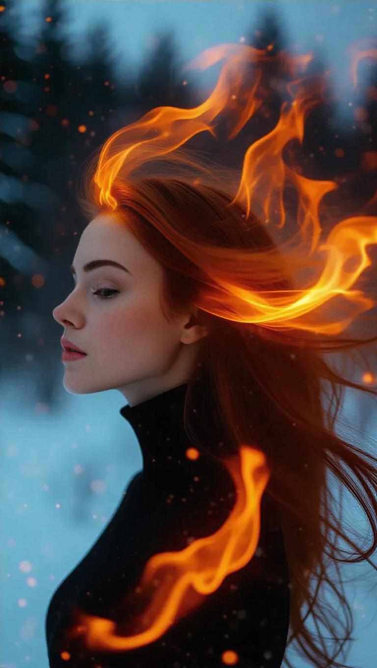 A surreal portrait of a woman with her hair transforming into vibrant ...