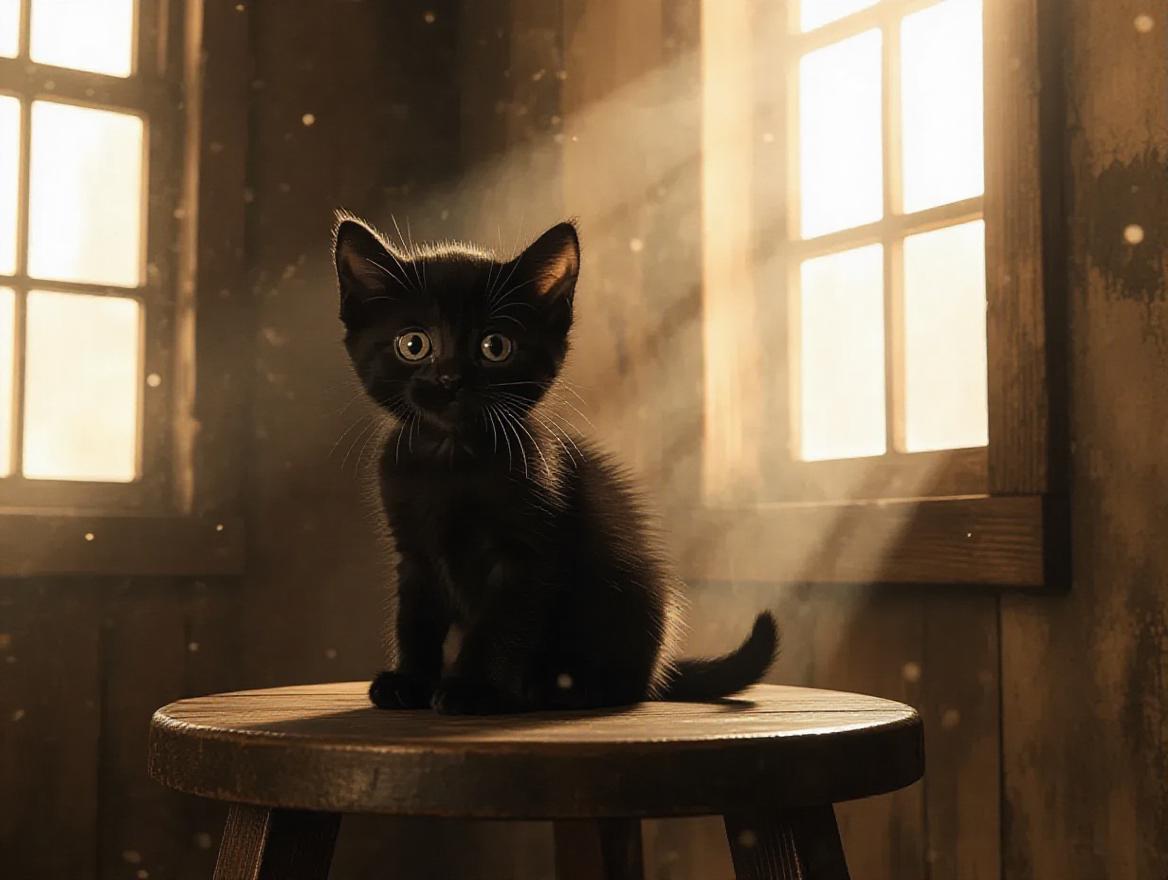 A realistic, cute black kitten sitting on top of an old wooden stool ...