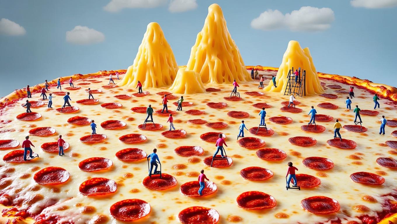 AI-Generated Gigantic Pizza Landscape with Tiny Humans Exploring ...