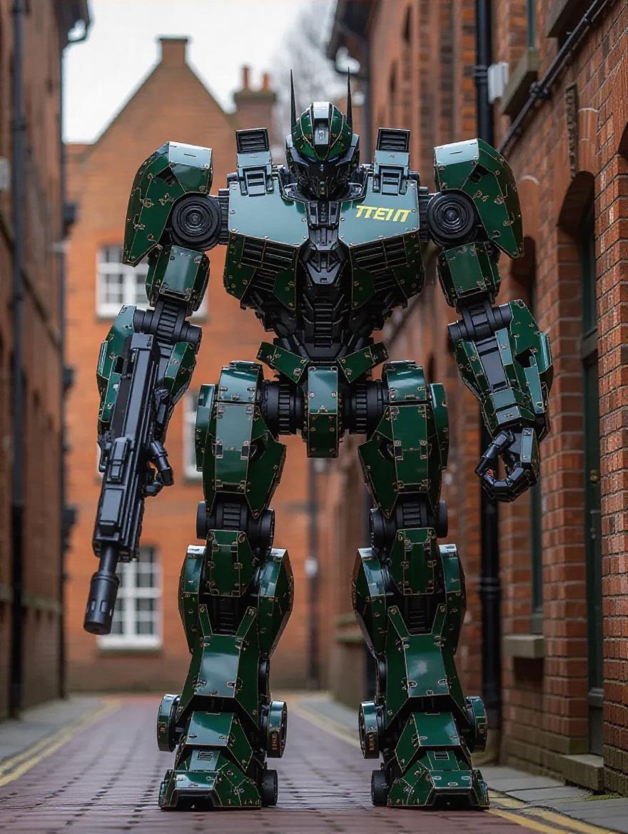 Edgy Robit Giant robor wlaks through narrow street between two buildings made of ...