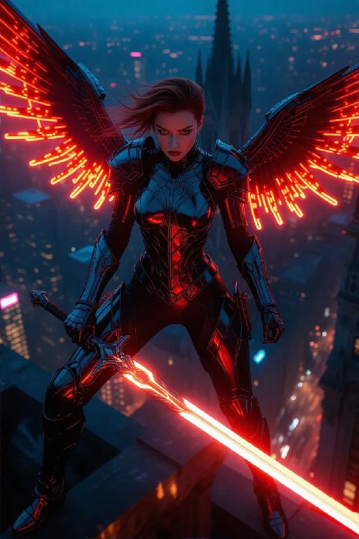 Cyberpunk Valkyrie in Ruined City AI effects generated image