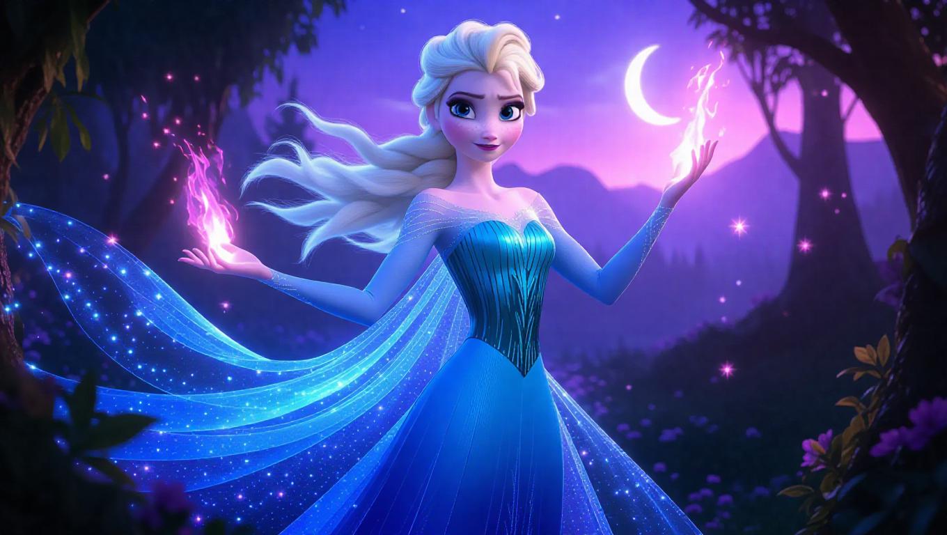 Elsa, with her icy blue hair now streaked with vibrant lavender, stands ...
