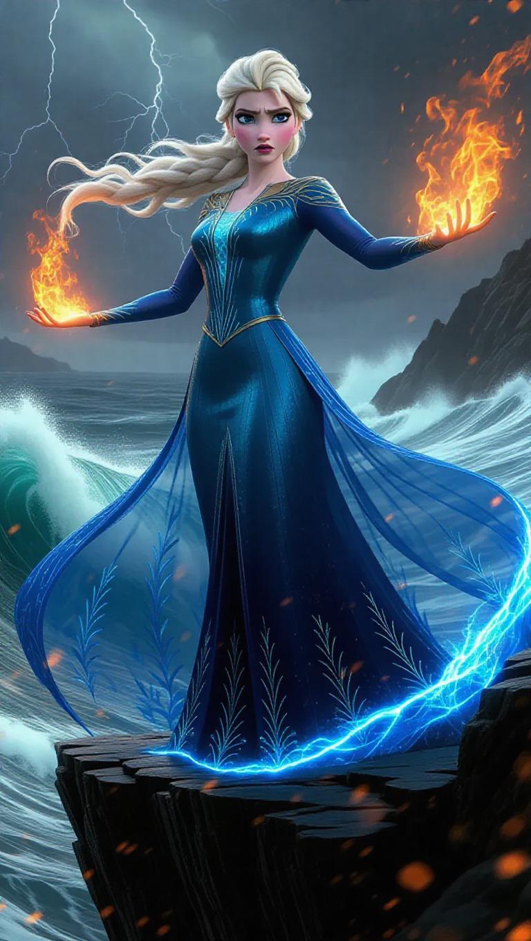 Elsa, with her icy blue hair shimmering with silver patterns, stands ...