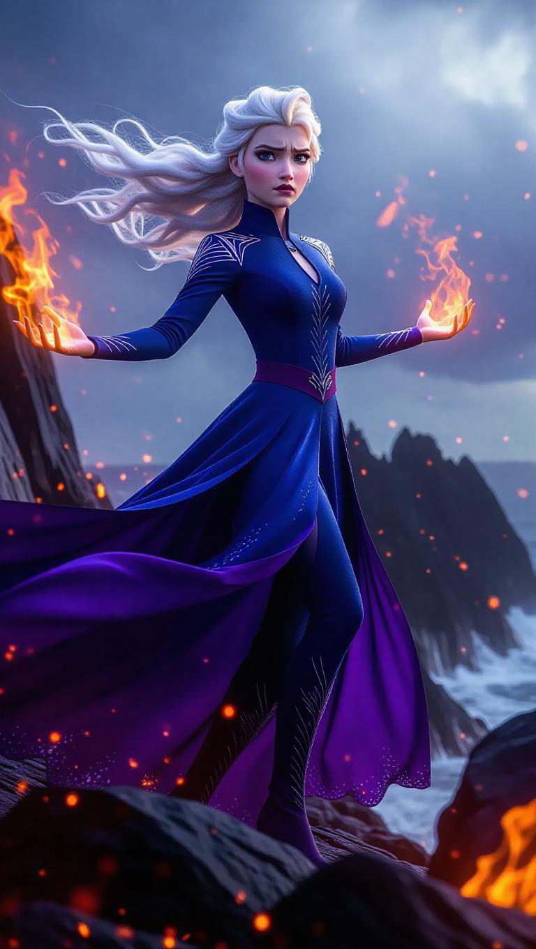 Elsa, with her icy blue hair transformed to deep purple hues, stands ...