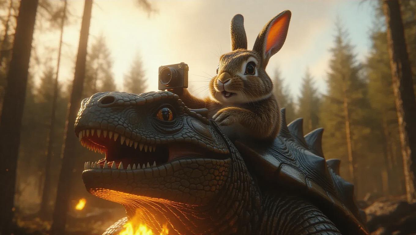Rabbit Scene Maker A photorealistic 8K quality scene captures a rabbit riding on the shell ...