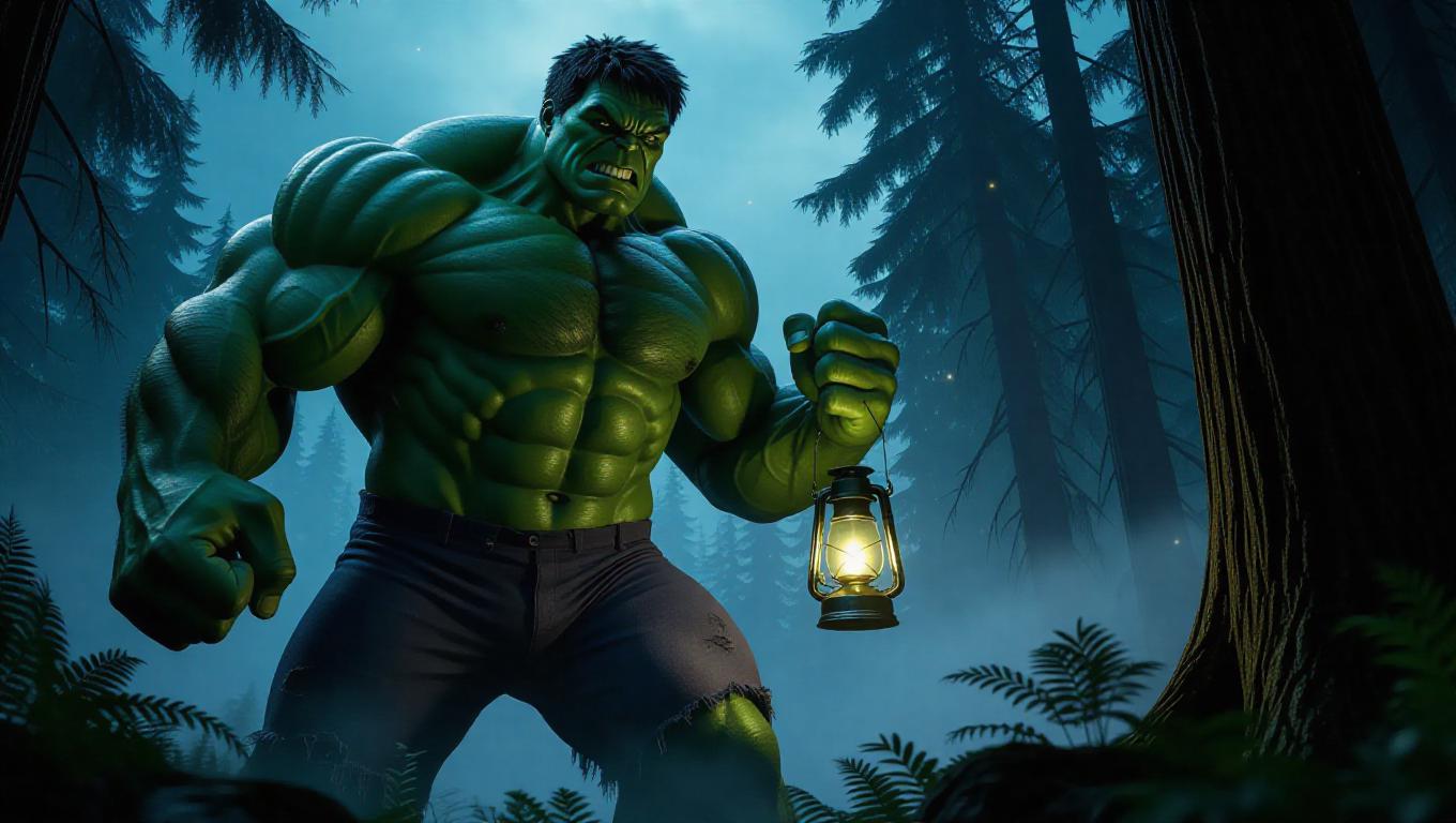 Hulk, a towering green giant with a mysterious smile, stands at the ...