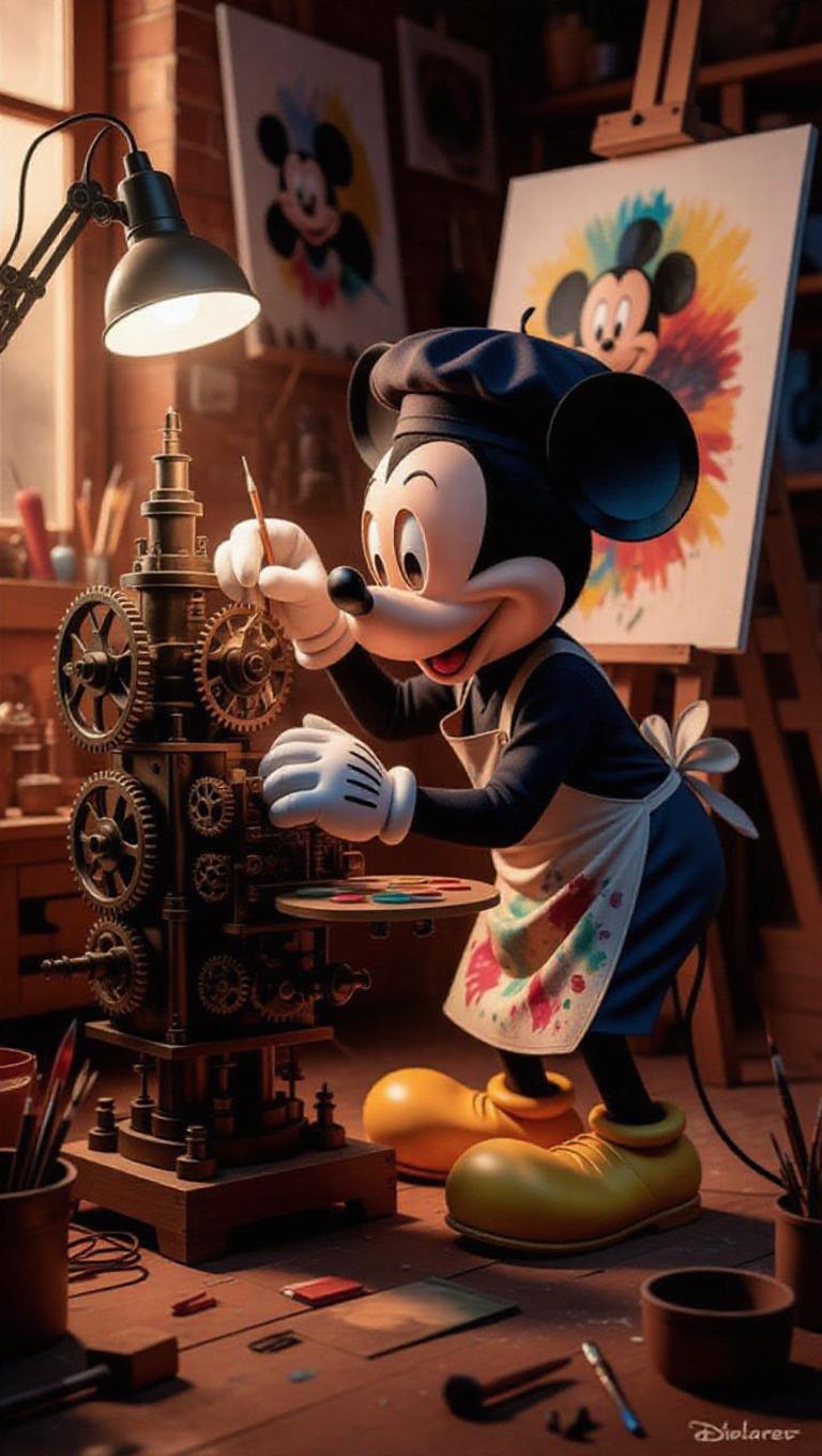 Mickey Mouse, dressed in a chic artist's outfit with a beret, an apron ...