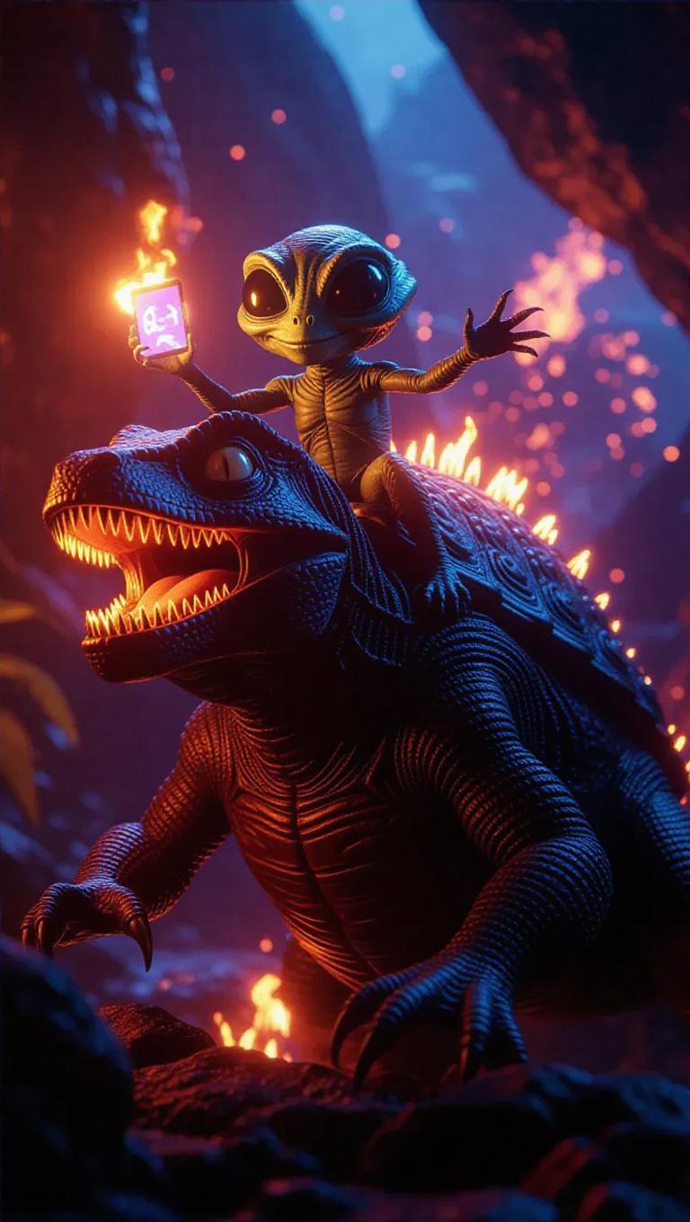 Shell Alien A photorealistic 8K quality scene captures an alien creature riding on ...