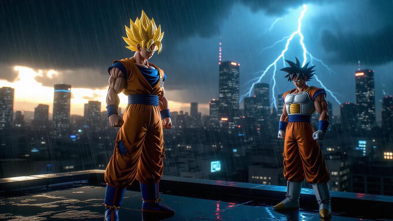 Goku in Super Saiyan Third Form stands on a rooftop during a ...