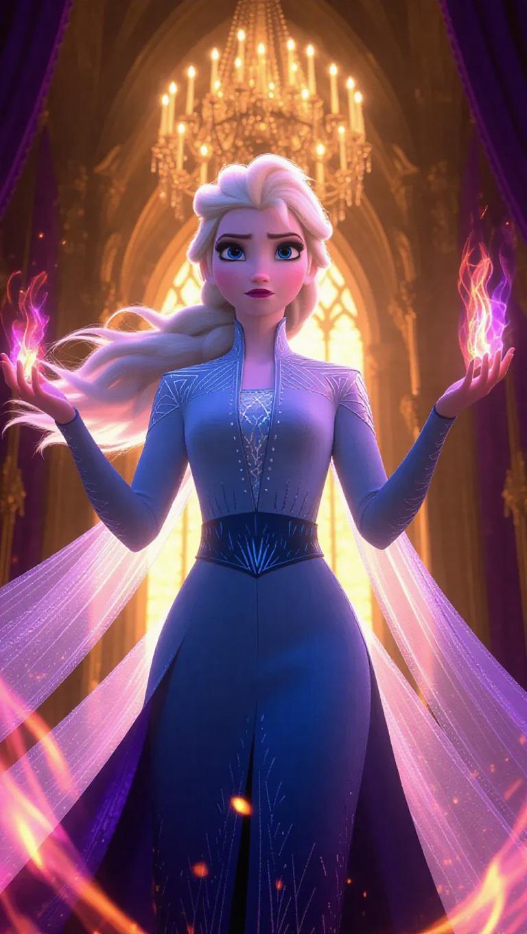 Elsa, with her icy blue hair now entwined with dark purple locks ...