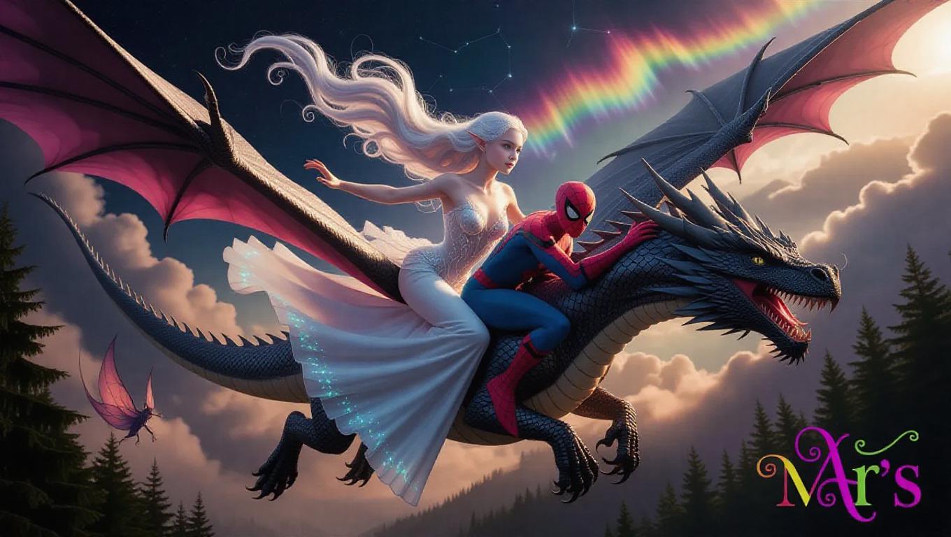 An elven girl with flowing white hair and luminous emerald eyes soars ...