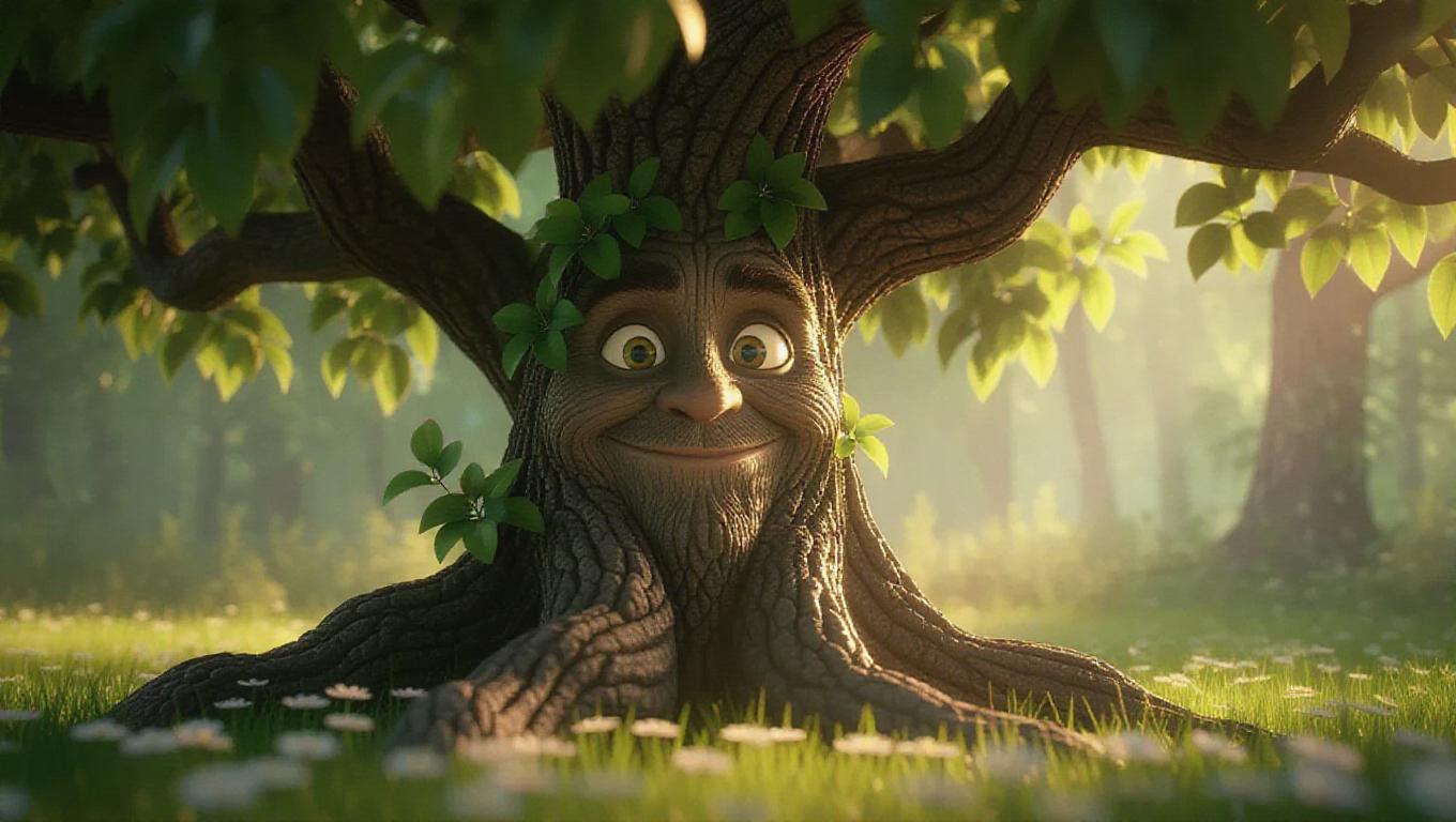 3D cartoon front view of a big magical talking tree with glowing green ...