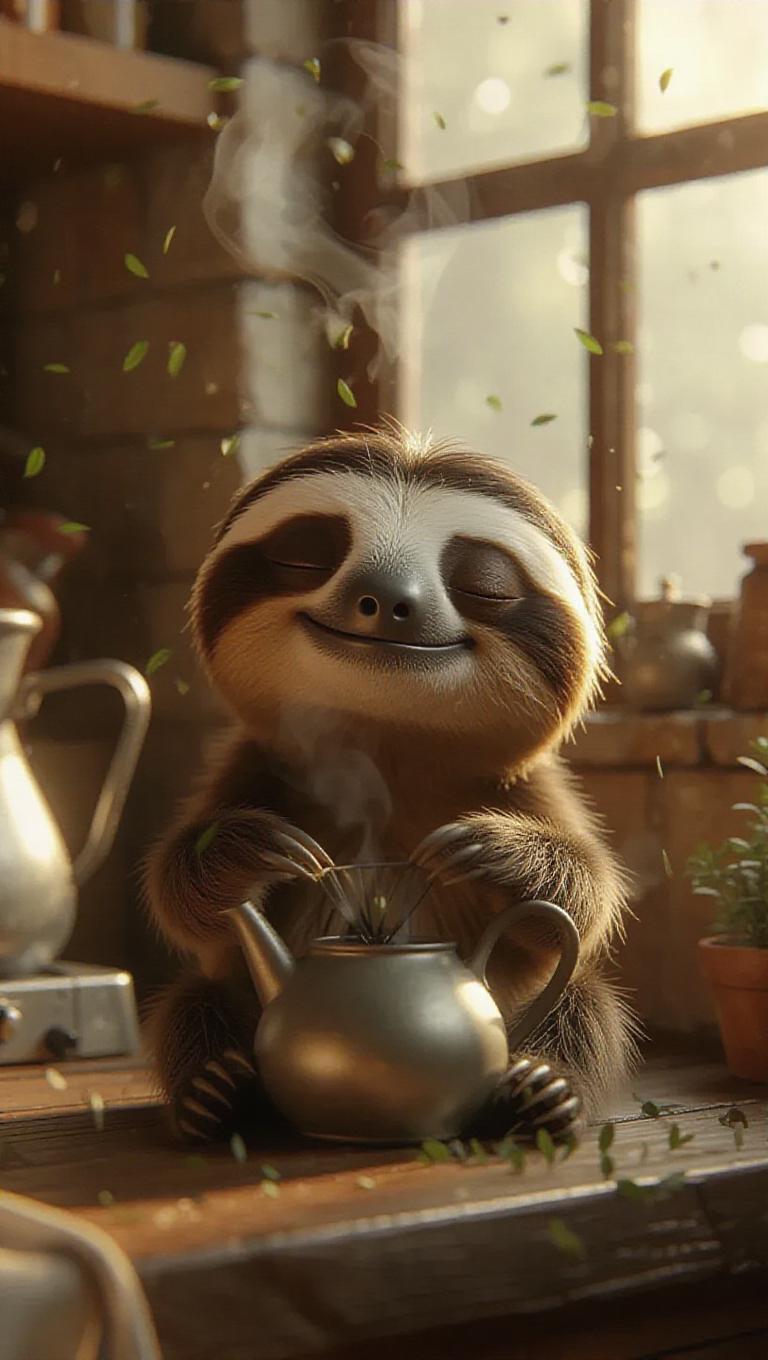 The charming cartoon fluffy sloth sits in front of a small kettle ...