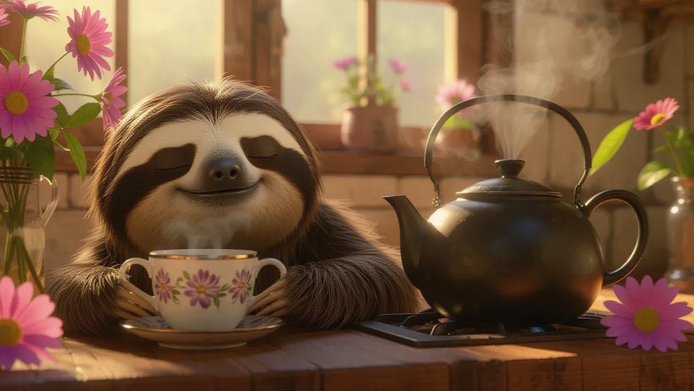 The cute cartoon fluffy sloth lounges next to a steaming kettle ...