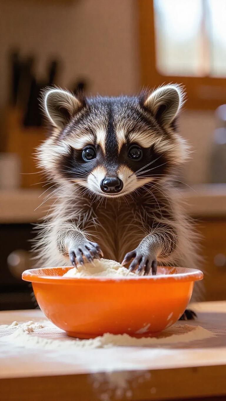 The small baby raccoon, with its charming stripes and full tail ...