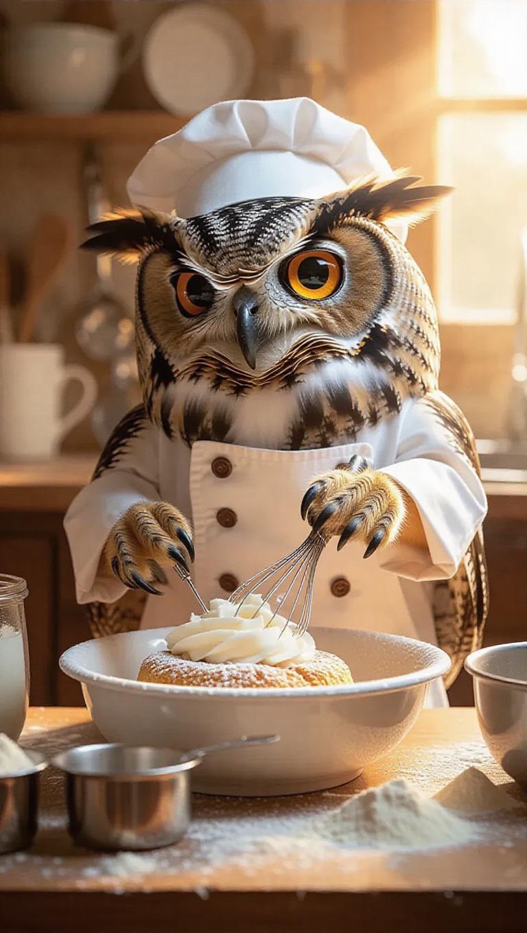 Owl Cook A lively owl, outfitted in a tiny chef's coat, is baking a scrumptious ...