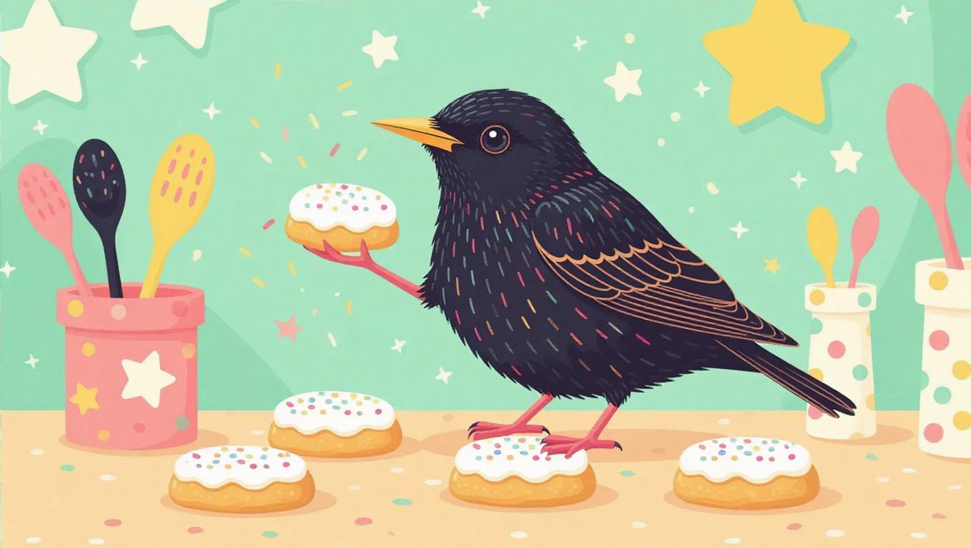 A starling cheerily decorating cookies, using its beak to hold icing ...