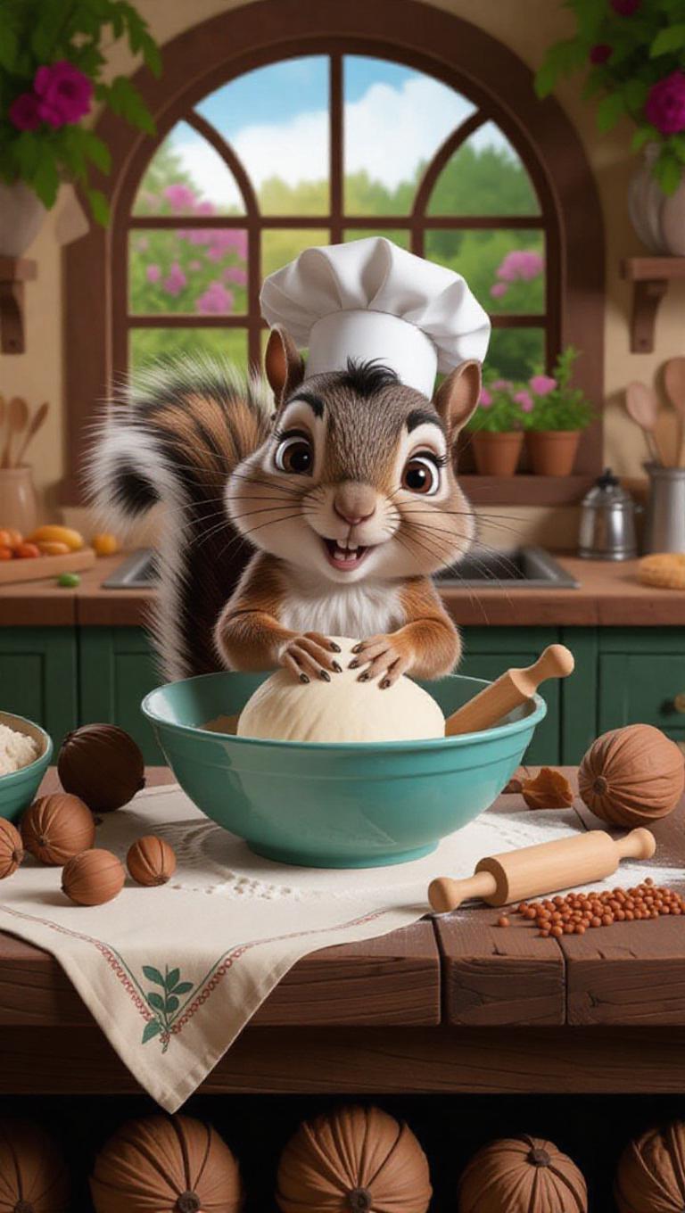 A curious cartoon squirrel wearing a tiny chef's hat, kneading dough in ...
