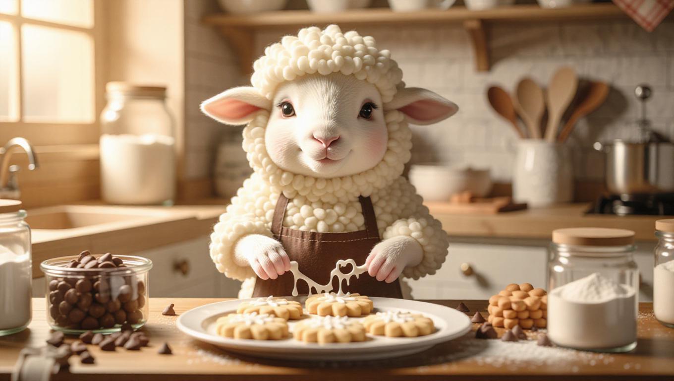 A fluffy sheep is baking cookies in a warm, inviting kitchen. The sheep ...
