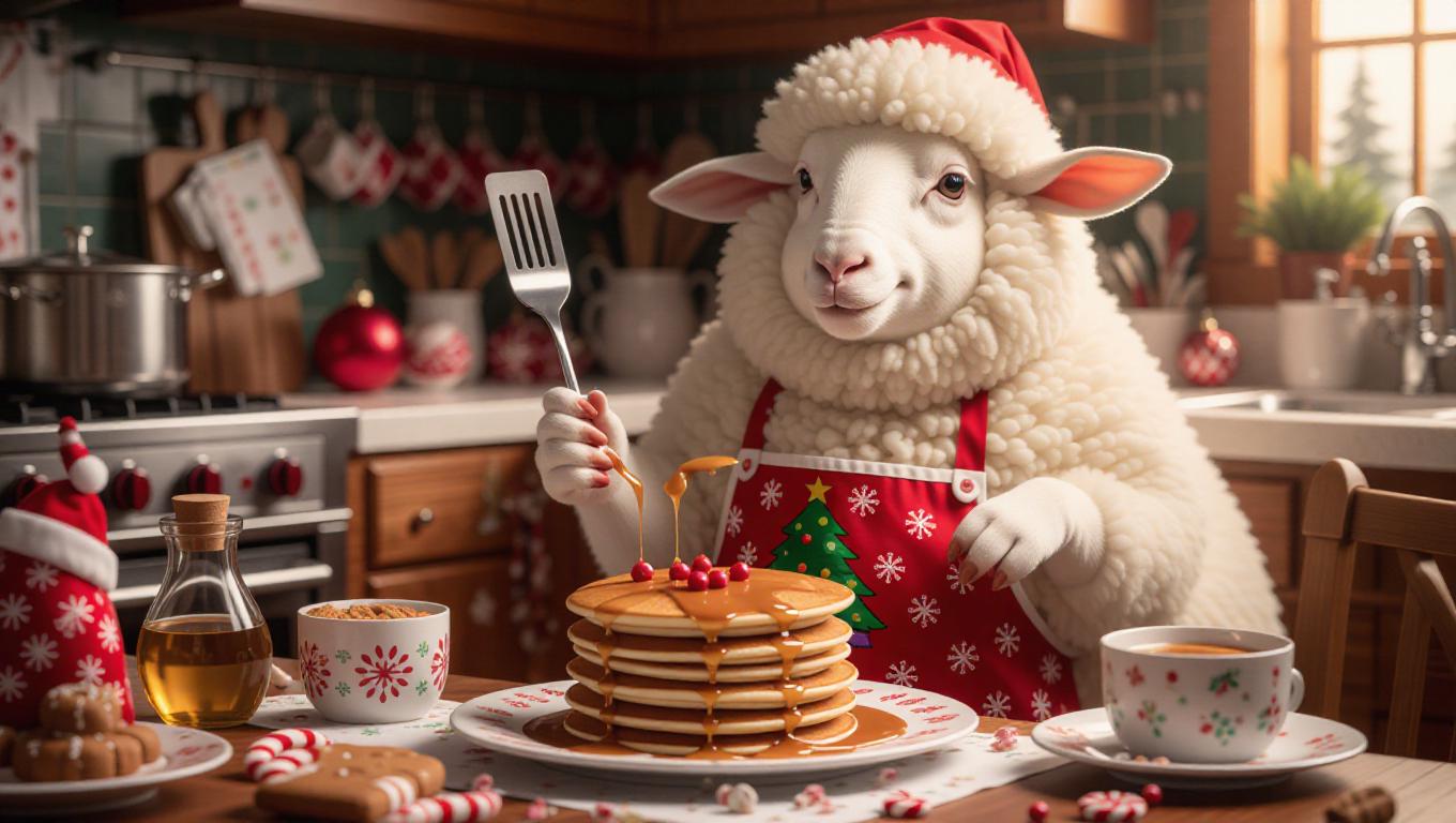 A fluffy sheep is making pancakes in a festive, holiday-themed kitchen ...
