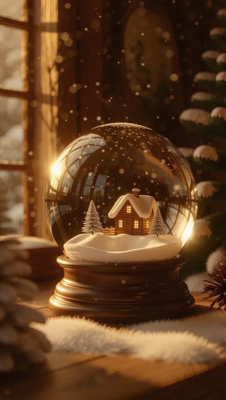 A whimsical depiction of a snow globe in a cozy cottage style, where ...